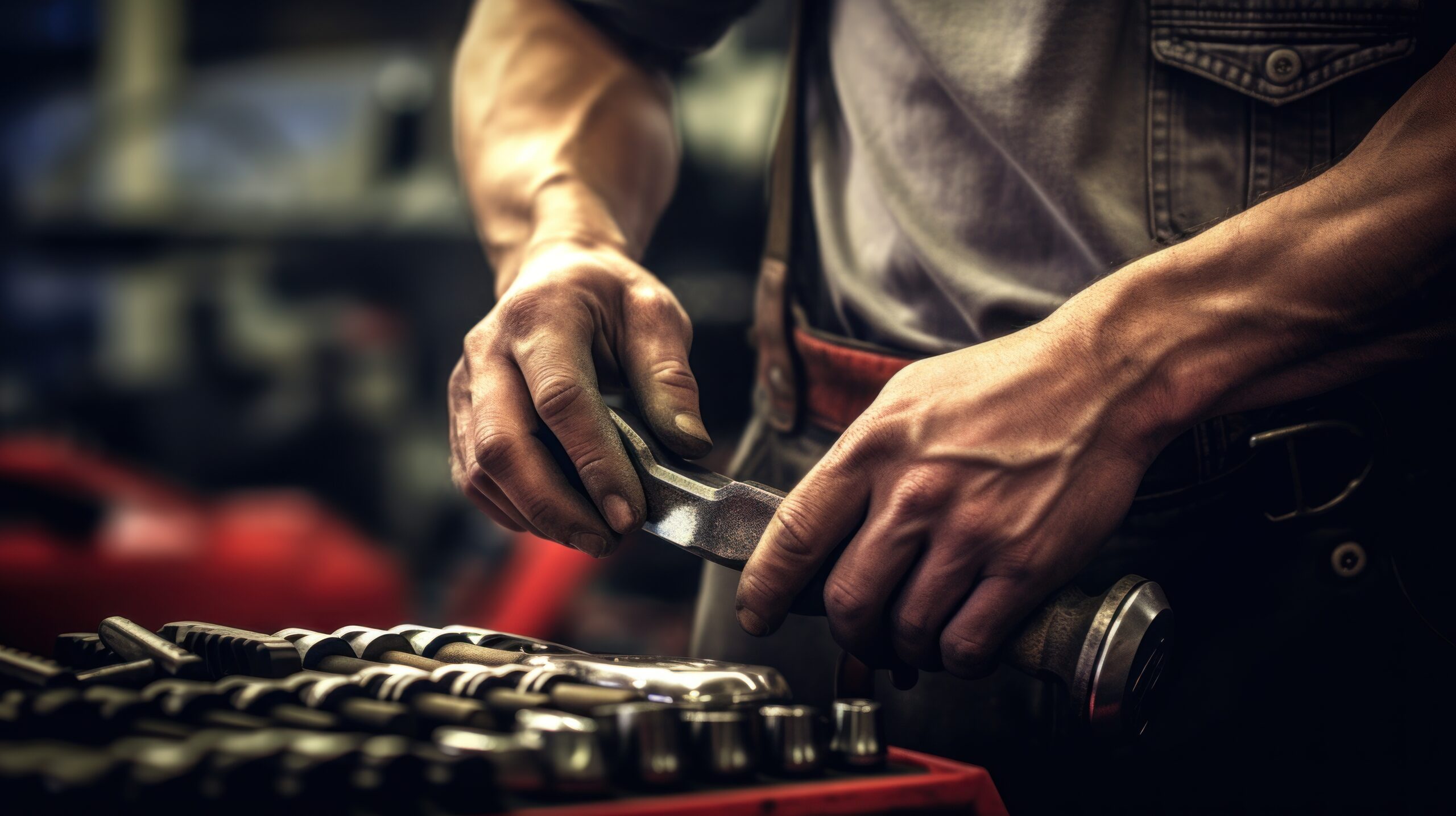 Auto technician holding tools while standing in a service center