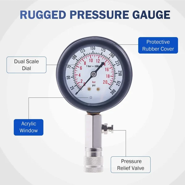 Gasoline engine compression tester for cars with M10, M12, M14, and M18 adapters