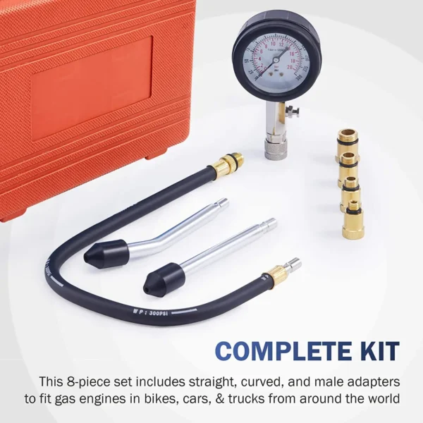 Gasoline engine compression tester for cars with M10, M12, M14, and M18 adapters